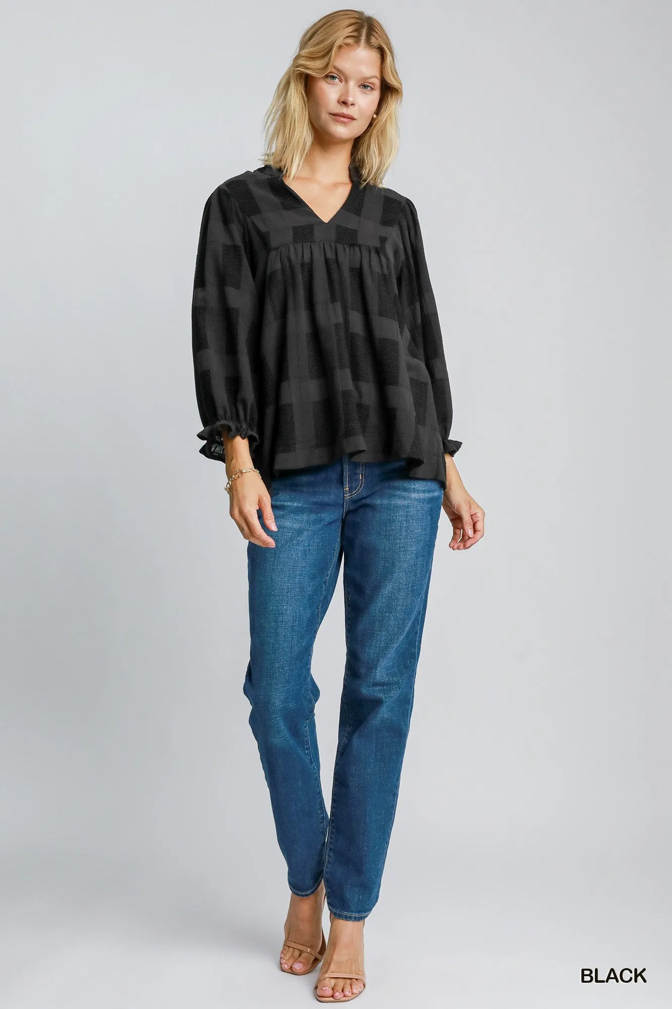 Geo Ruffle Sleeve Top - Black