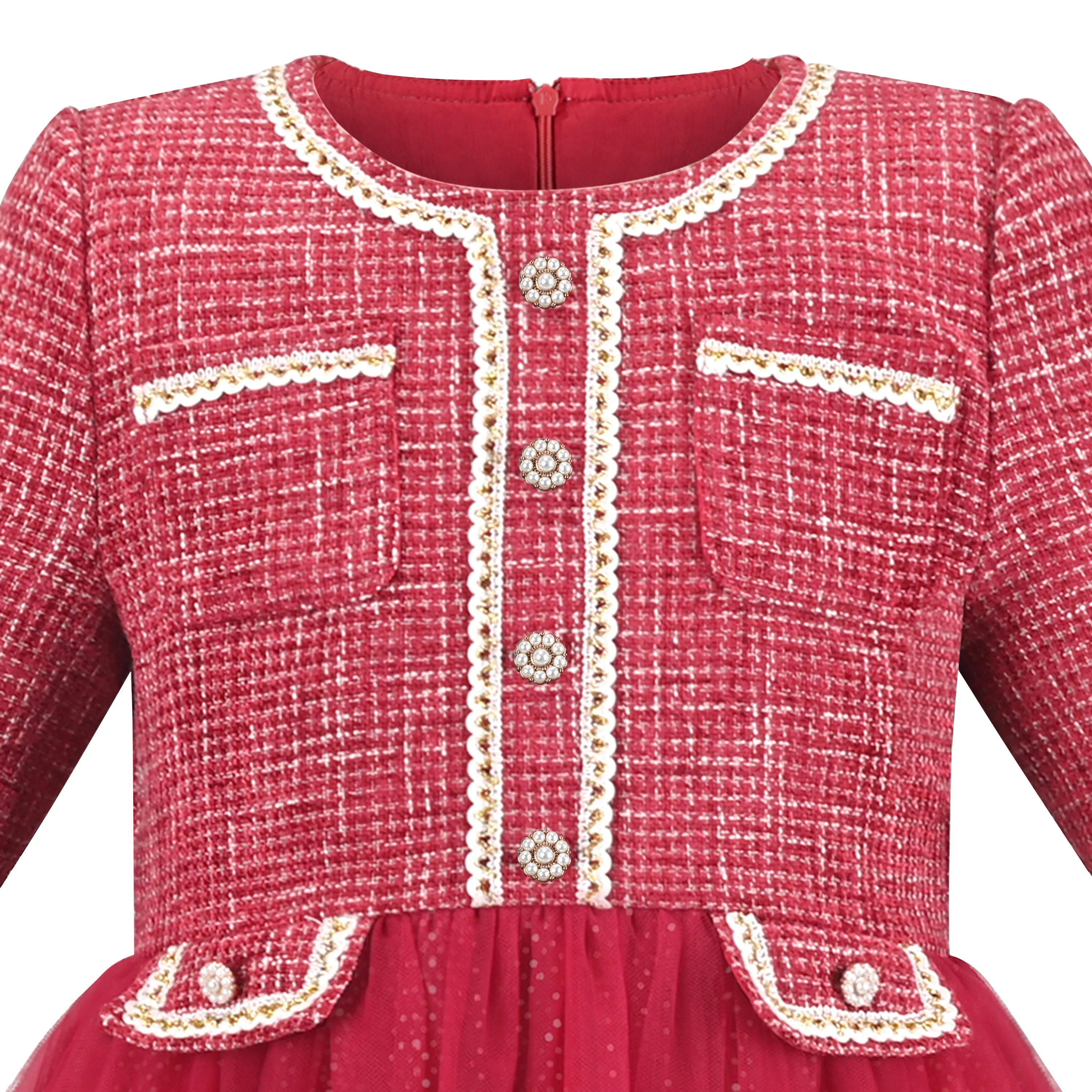 Girls Dress Pearl Pocket Vintage Elegant Xmas Long Sleeve Size 6-12 Years