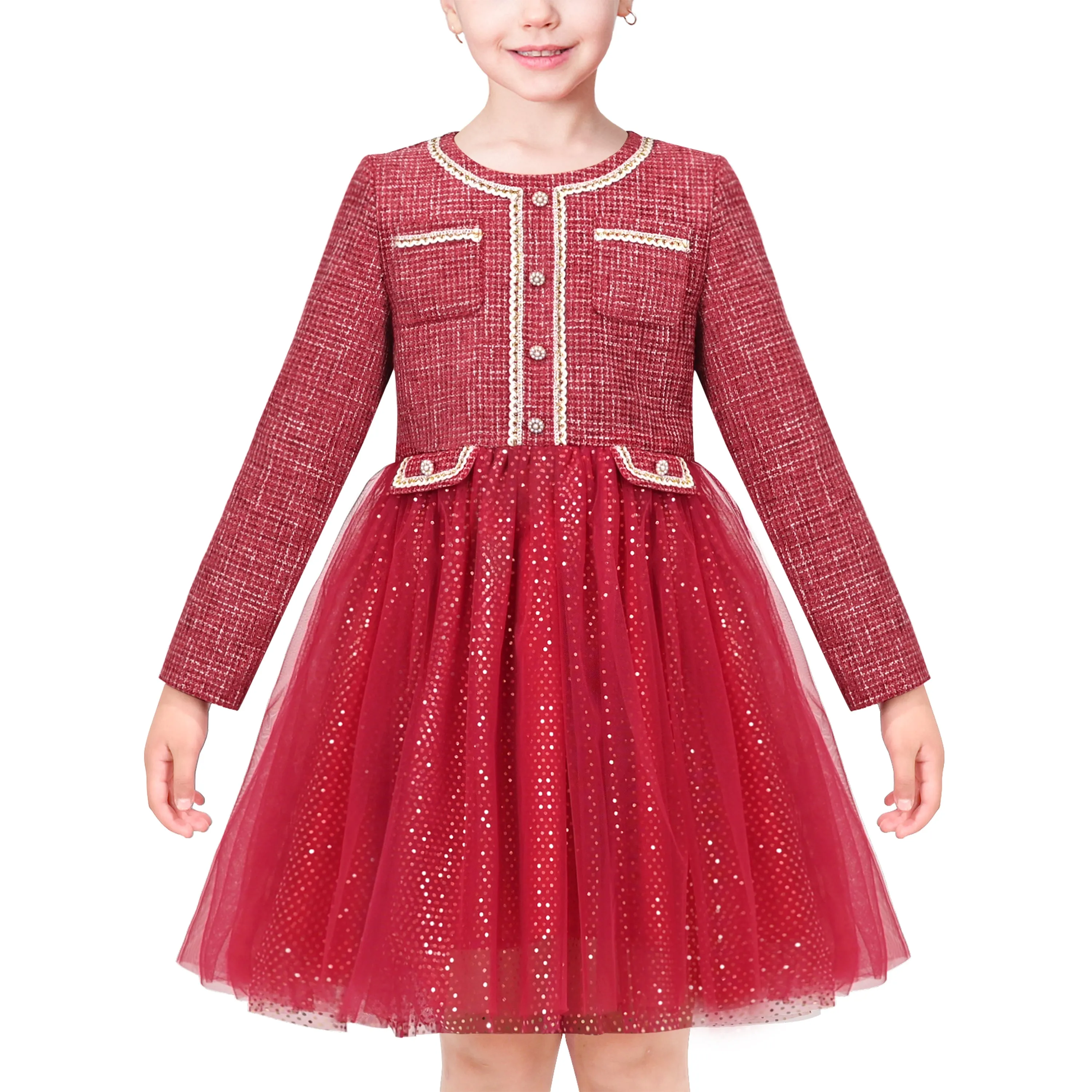 Girls Dress Pearl Pocket Vintage Elegant Xmas Long Sleeve Size 6-12 Years