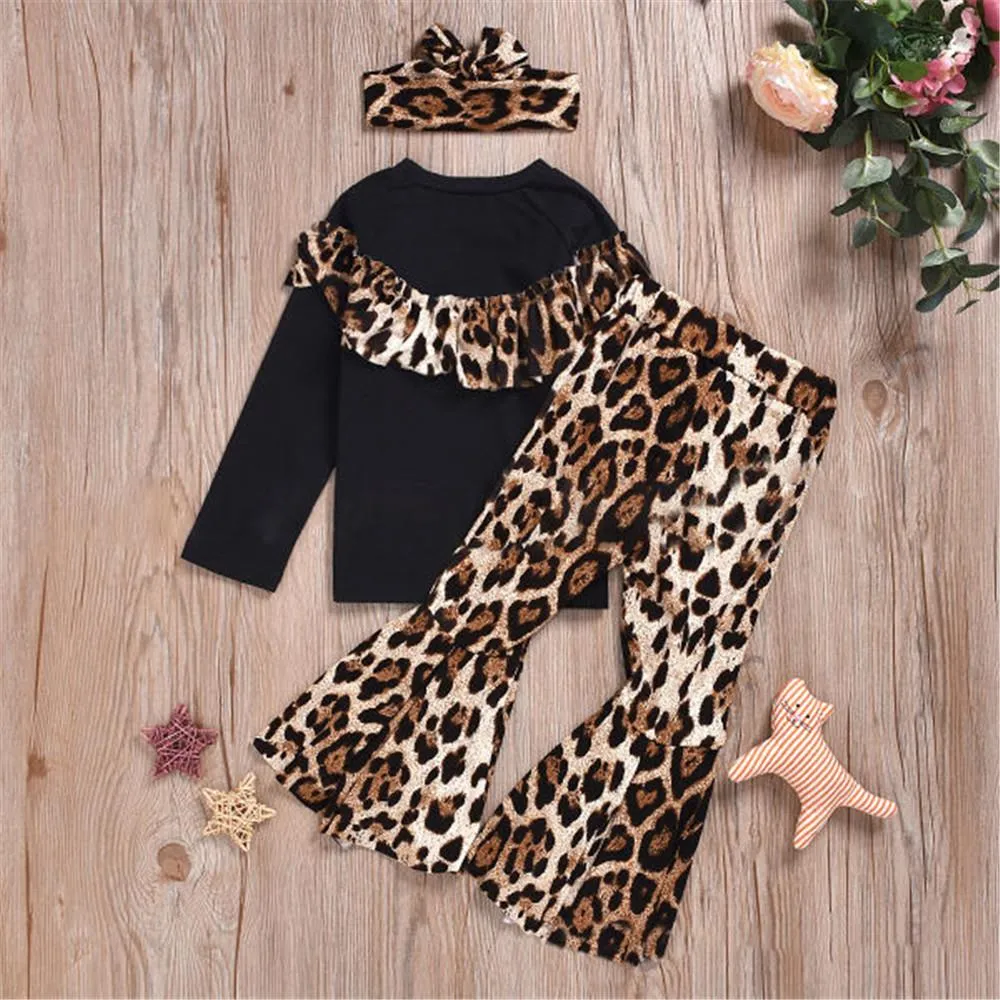Girls Long Sleeve Leopard Top & Flare Trousers & Headband