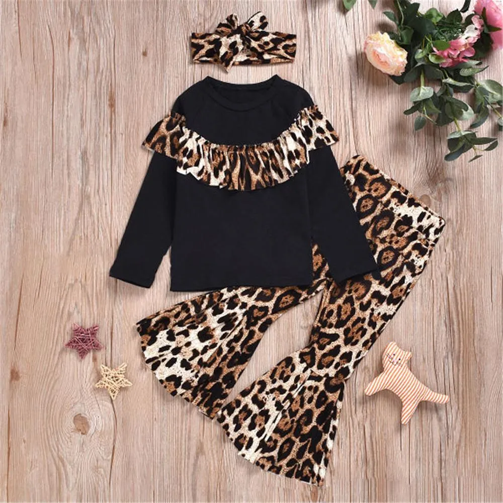 Girls Long Sleeve Leopard Top & Flare Trousers & Headband