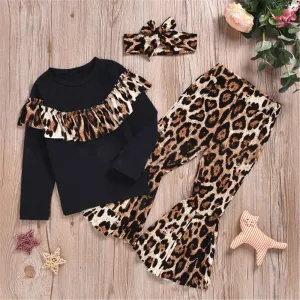 Girls Long Sleeve Leopard Top & Flare Trousers & Headband