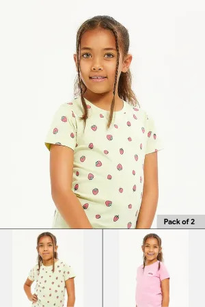 Girls Pink And Yellow T-Shirt Set (Pack Of 2)