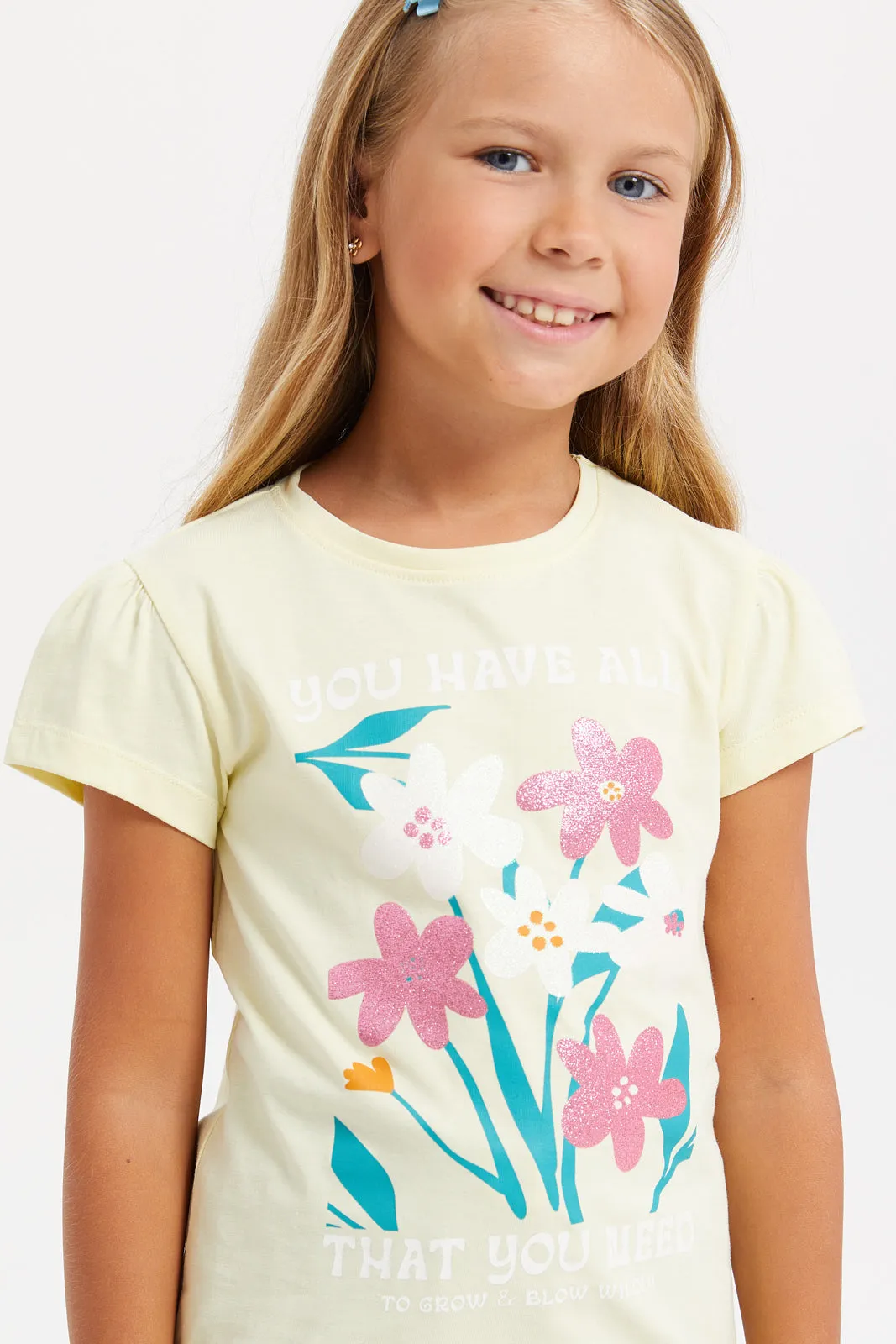 Girls Yellow Printed T-Shirt