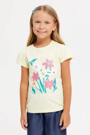 Girls Yellow Printed T-Shirt
