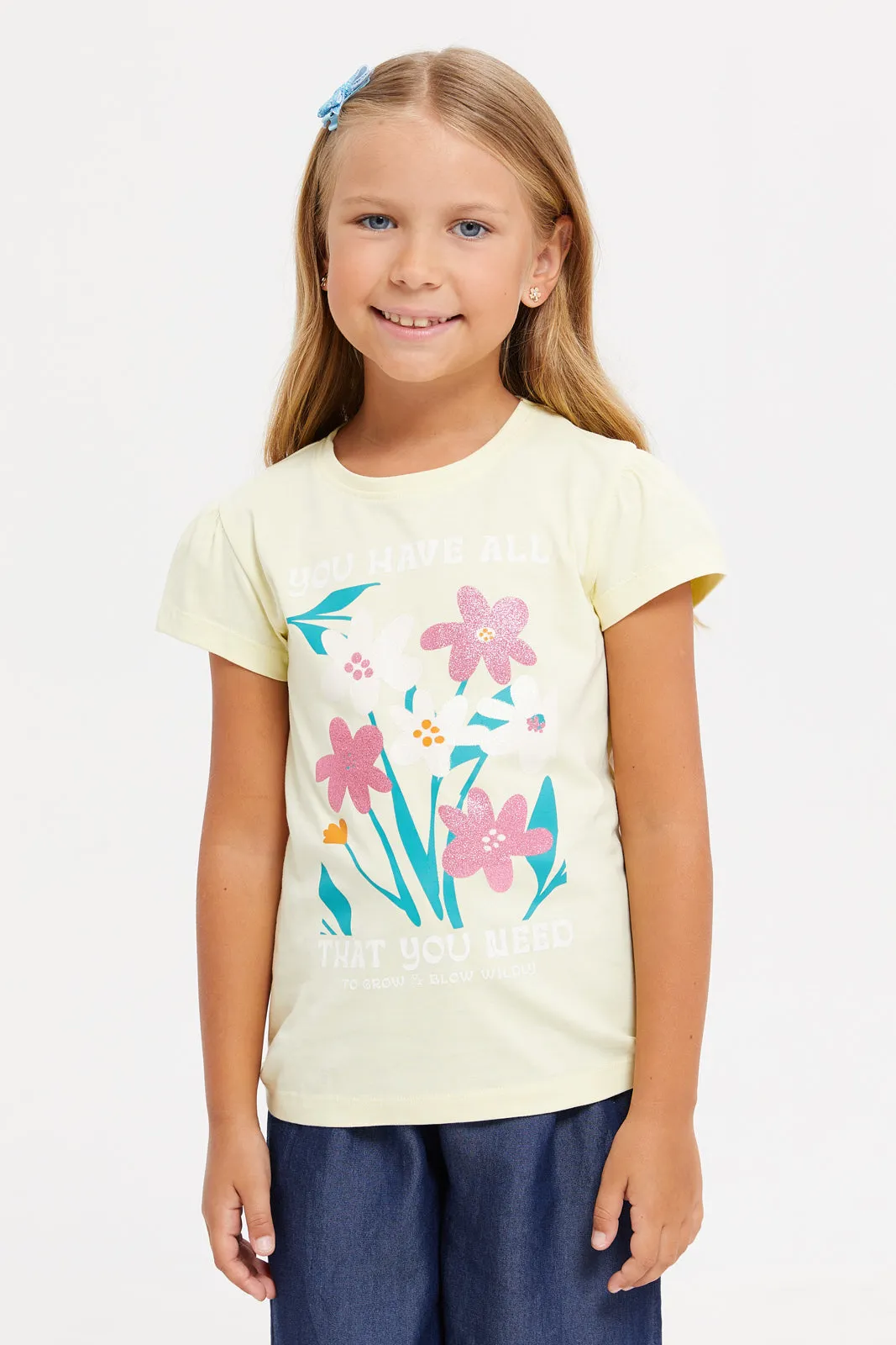 Girls Yellow Printed T-Shirt