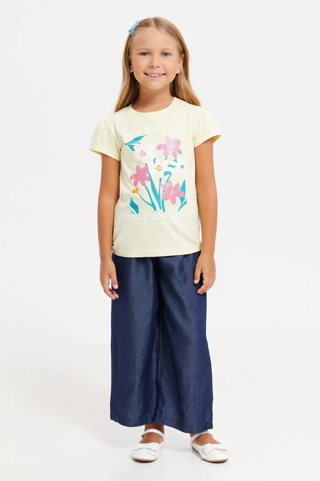 Girls Yellow Printed T-Shirt