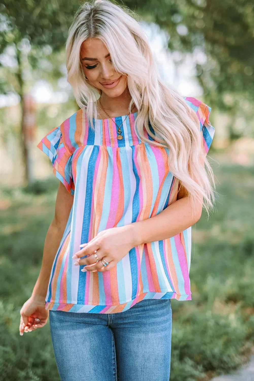 Have Fun Flutter Sleeve Striped Blouse