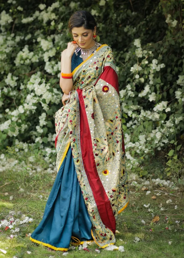 HEAVY EMBROIDERY CHANDERI SAREE WITH BLUE SATIN PLEATS