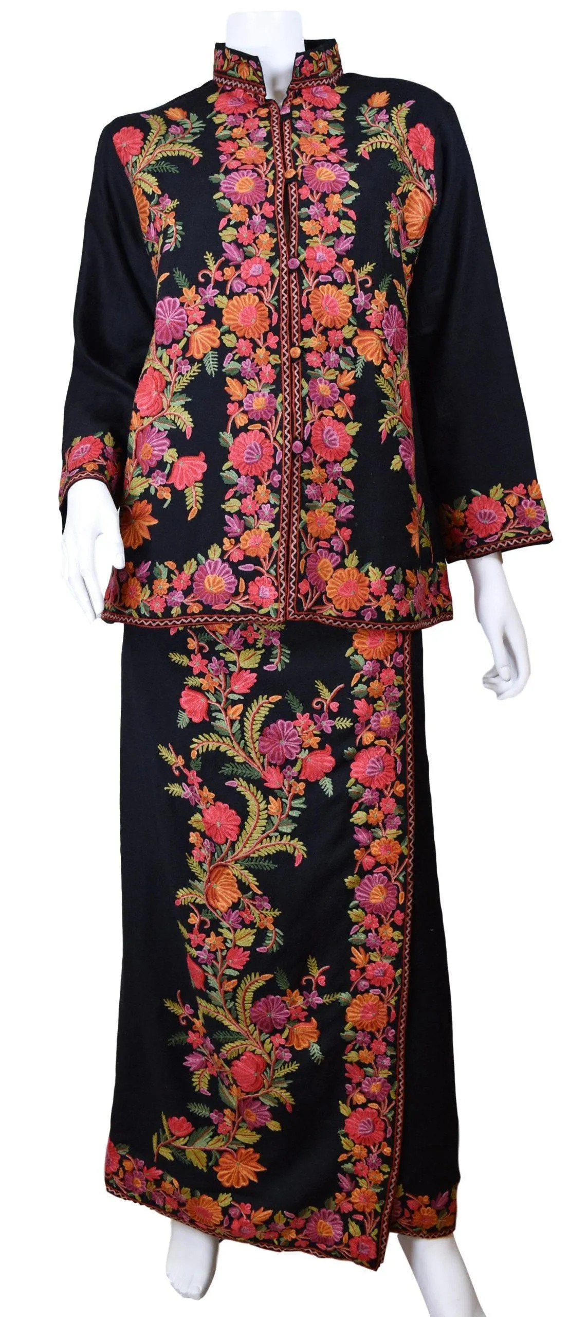 Helen Jacket Skirt Dress Black Dinner Jacket Evening Dress Coat Floral Hand Embroidered Kashmir
