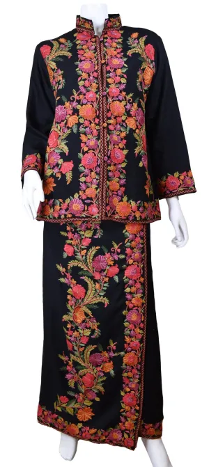 Helen Jacket Skirt Dress Black Dinner Jacket Evening Dress Coat Floral Hand Embroidered Kashmir