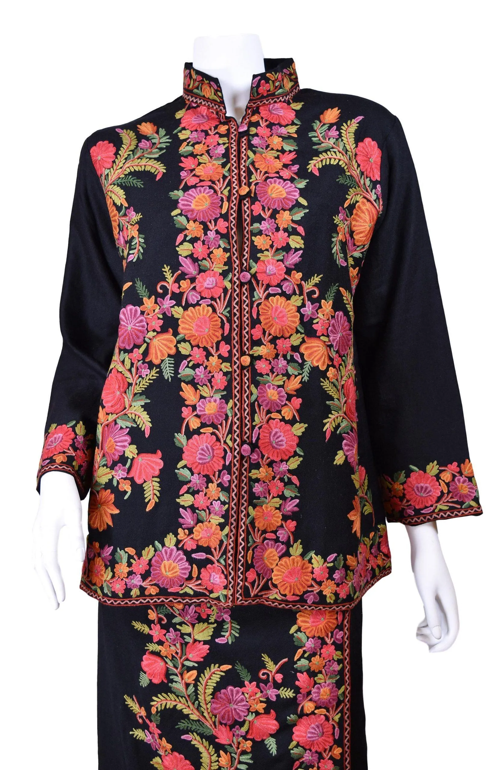 Helen Jacket Skirt Dress Black Dinner Jacket Evening Dress Coat Floral Hand Embroidered Kashmir