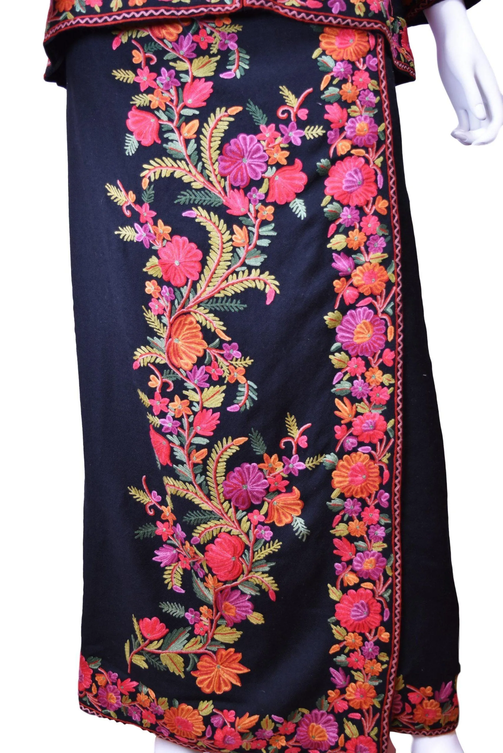Helen Jacket Skirt Dress Black Dinner Jacket Evening Dress Coat Floral Hand Embroidered Kashmir