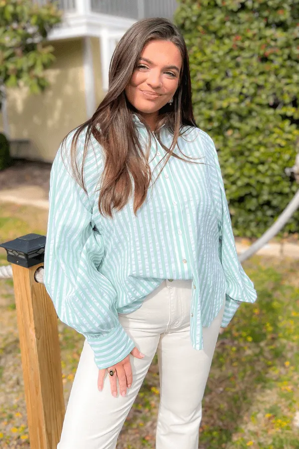High Tide Sage Green Stripes Button Down Shirt