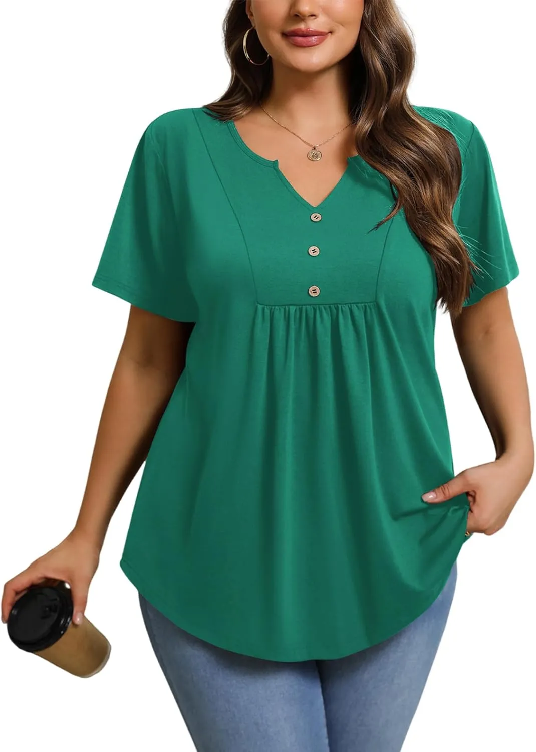 IN'VOLAND Womens Plus Size Tunic Top Summer Short Sleeve T-Shirt V-neck Button Up Dressy Blouse Casual Pleated Pullover 1X-5X