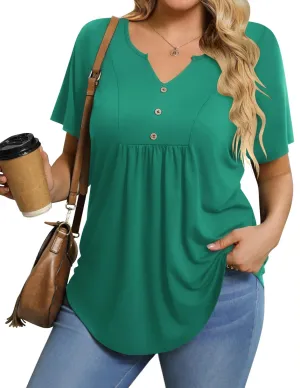 IN'VOLAND Womens Plus Size Tunic Top Summer Short Sleeve T-Shirt V-neck Button Up Dressy Blouse Casual Pleated Pullover 1X-5X