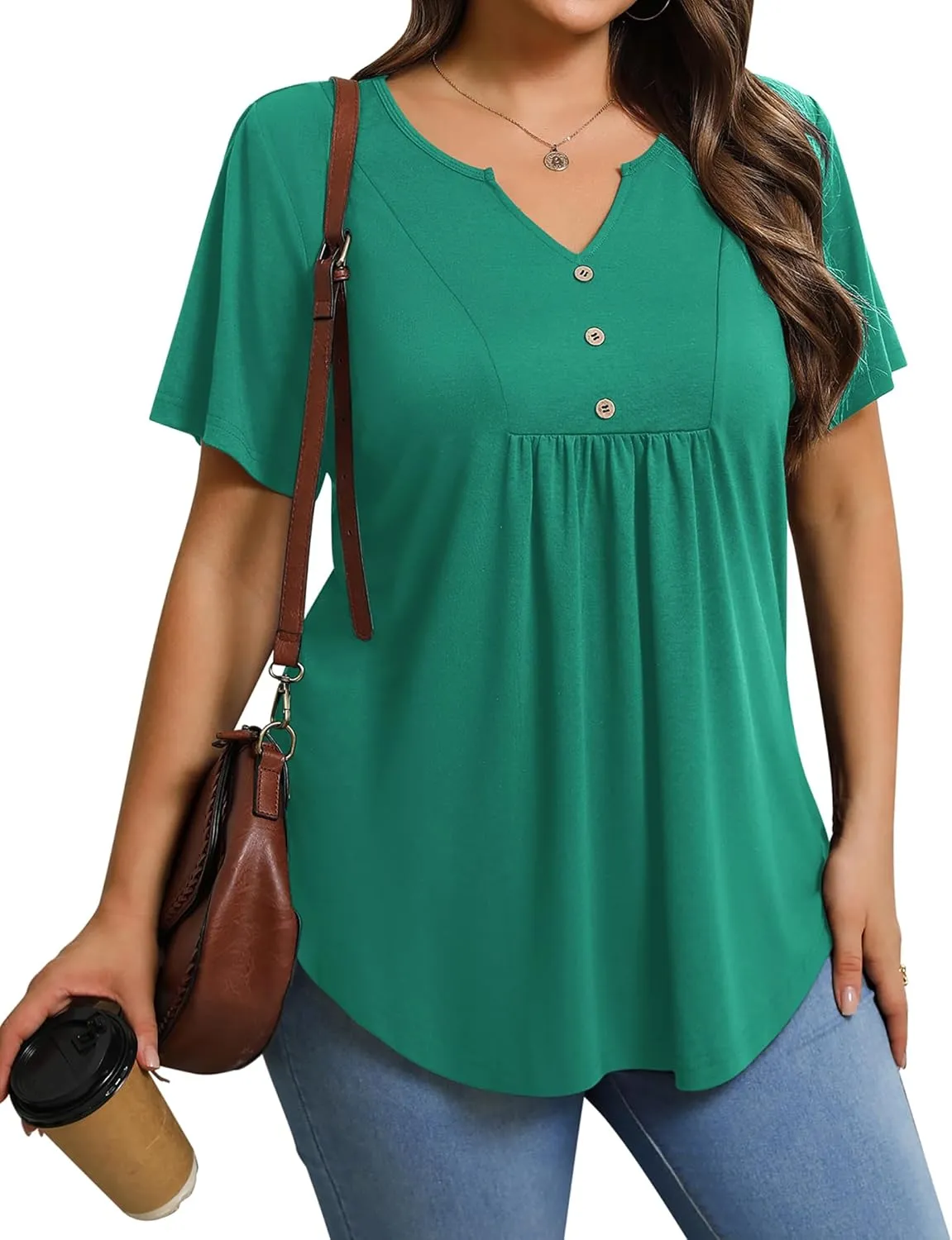 IN'VOLAND Womens Plus Size Tunic Top Summer Short Sleeve T-Shirt V-neck Button Up Dressy Blouse Casual Pleated Pullover 1X-5X