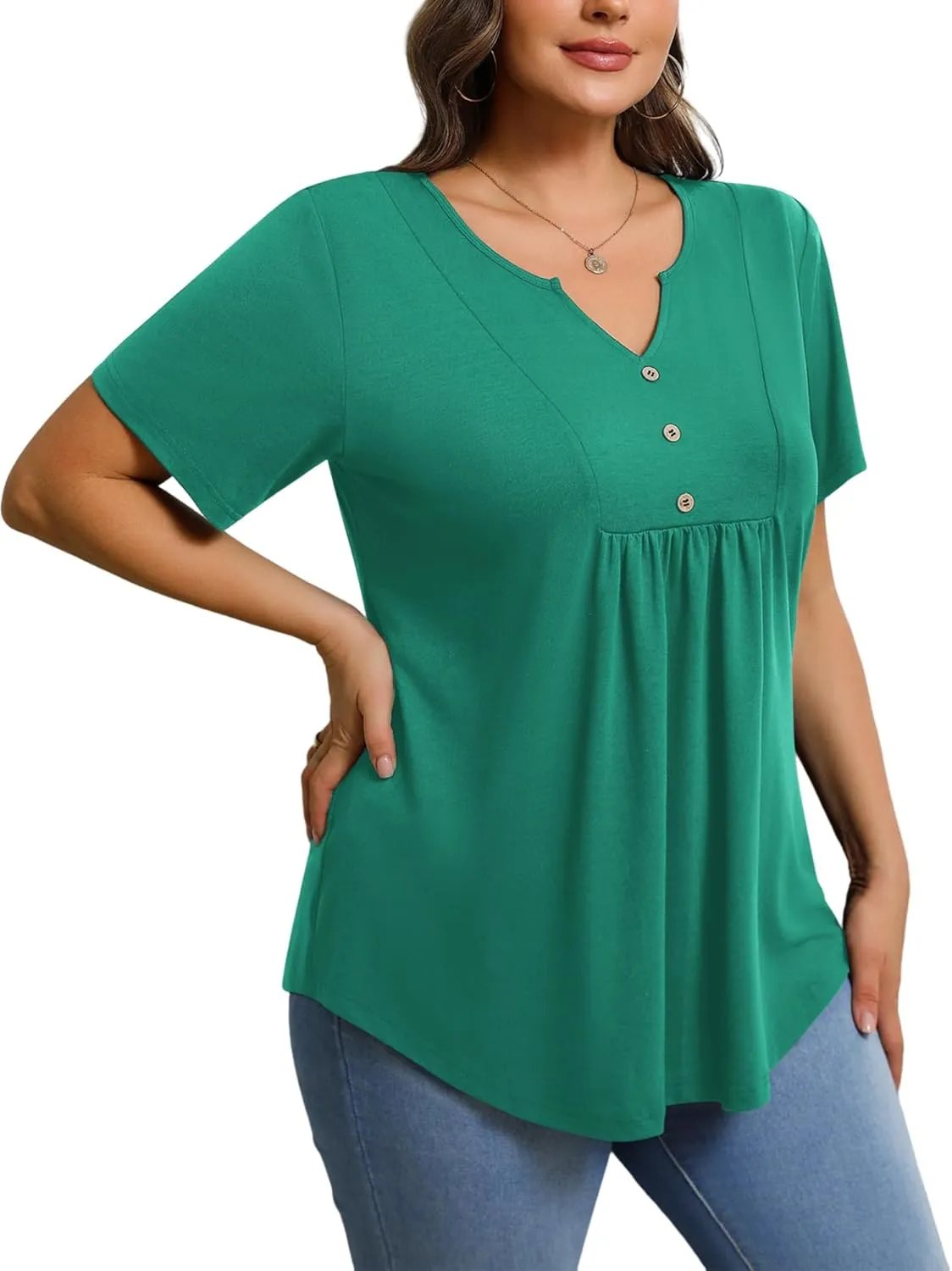 IN'VOLAND Womens Plus Size Tunic Top Summer Short Sleeve T-Shirt V-neck Button Up Dressy Blouse Casual Pleated Pullover 1X-5X