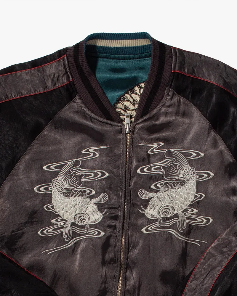 Japanese Repro Souvenir Jacket, Reversible, Teal Dragon and Grey Koi - XL
