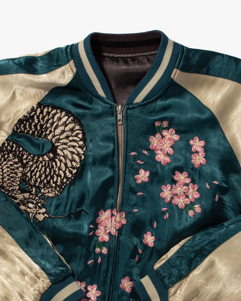 Japanese Repro Souvenir Jacket, Reversible, Teal Dragon and Grey Koi - XL