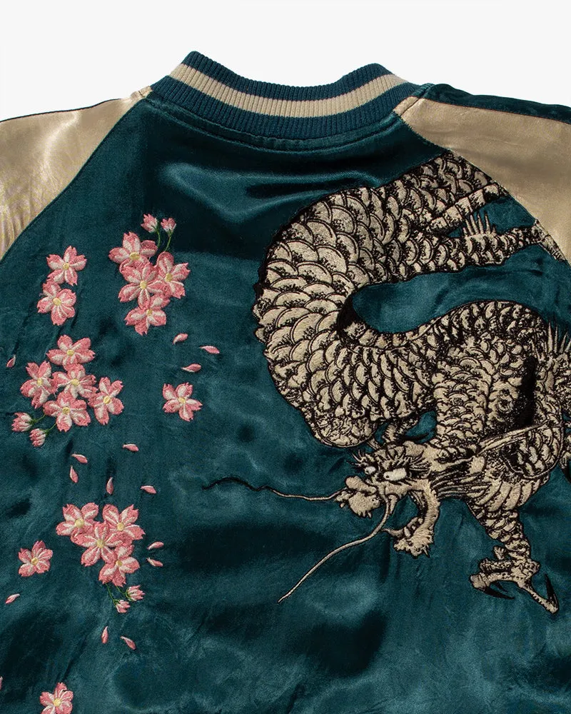 Japanese Repro Souvenir Jacket, Reversible, Teal Dragon and Grey Koi - XL