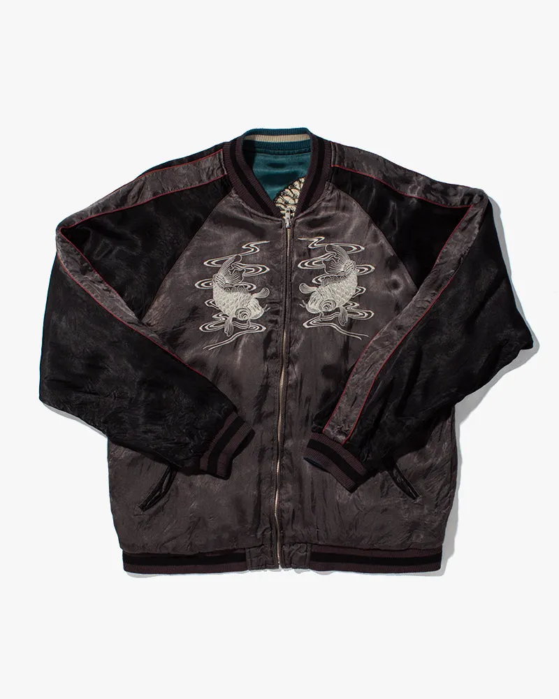 Japanese Repro Souvenir Jacket, Reversible, Teal Dragon and Grey Koi - XL