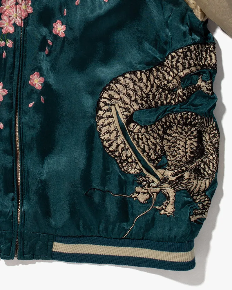 Japanese Repro Souvenir Jacket, Reversible, Teal Dragon and Grey Koi - XL