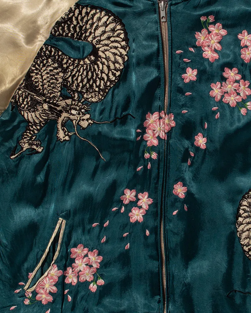Japanese Repro Souvenir Jacket, Reversible, Teal Dragon and Grey Koi - XL
