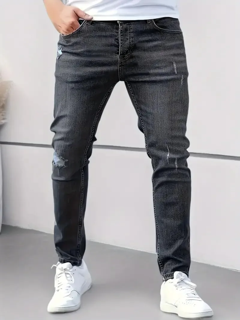 Jeans for Men Stretch Fit Skinny Denim Pants Casual Distressed Jeans Straight Leg Slim Fit Trendy Streetwear Spring