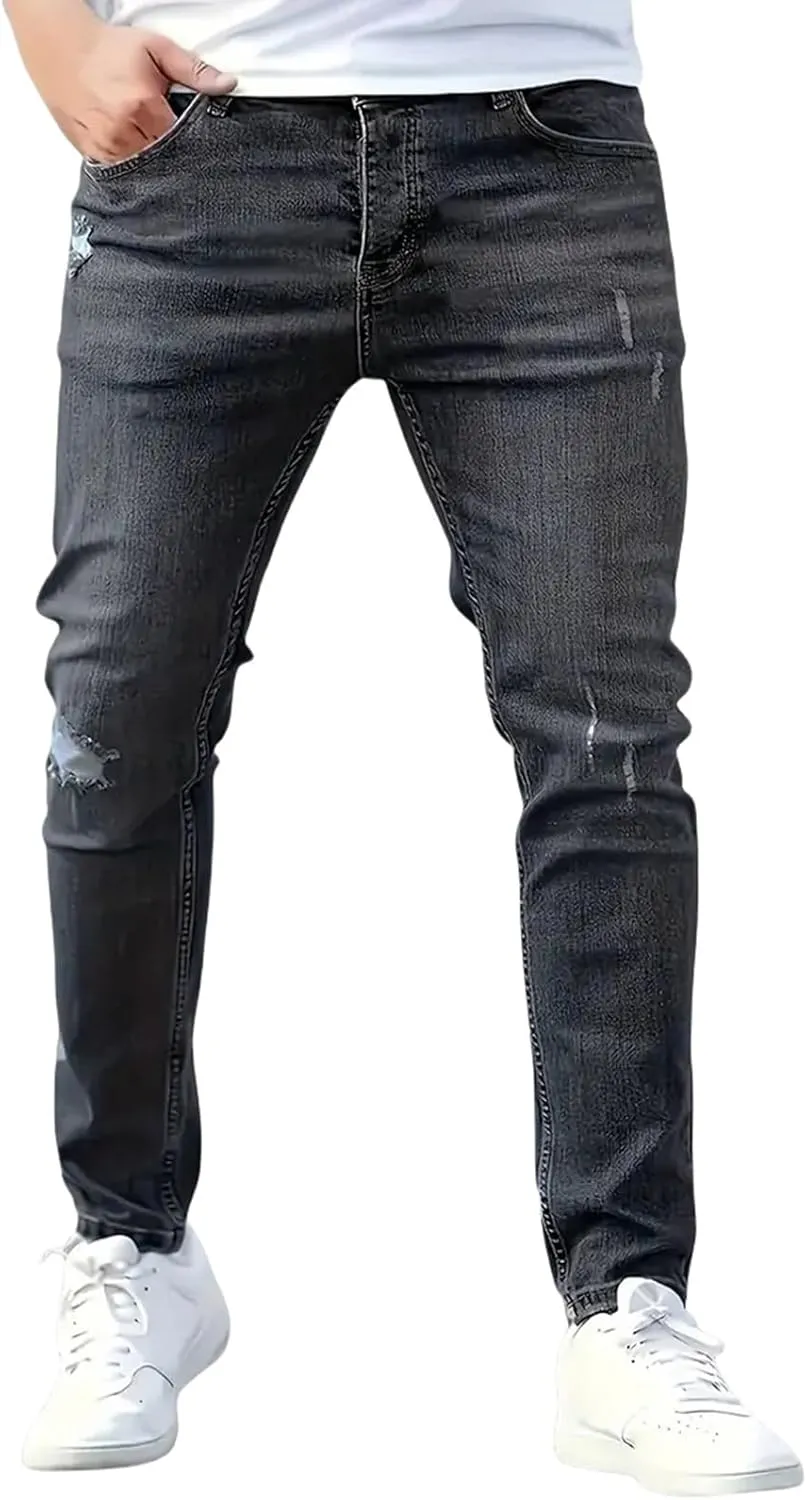 Jeans for Men Stretch Fit Skinny Denim Pants Casual Distressed Jeans Straight Leg Slim Fit Trendy Streetwear Spring