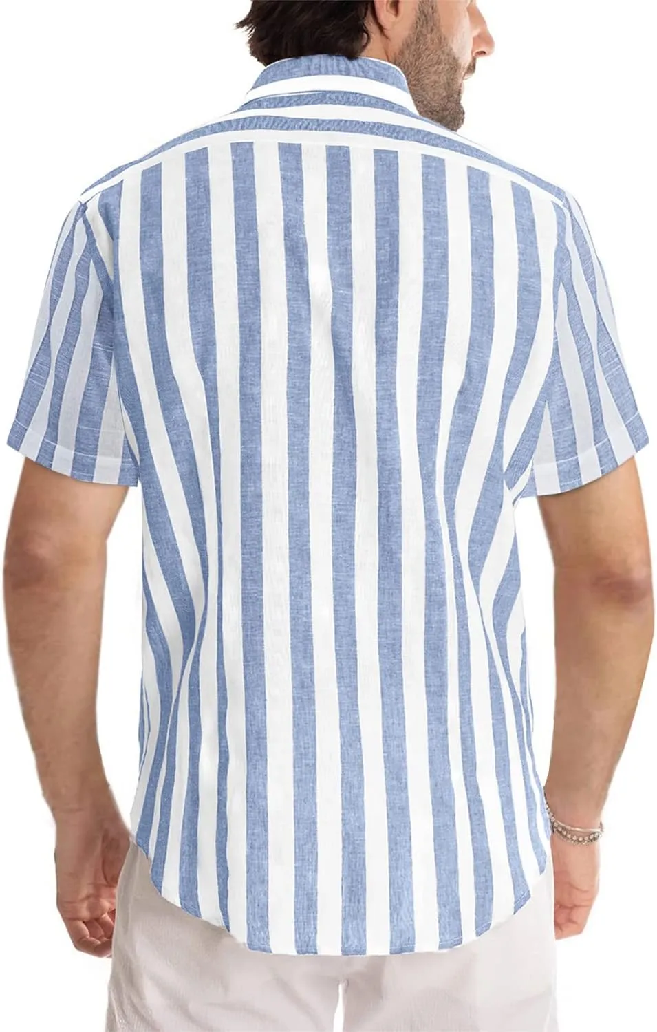 JMIERR Men's Casual Stylish Short Sleeve Button-Up Striped Dress Shirts Cotton Beach Shirt