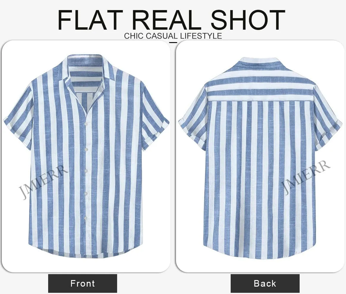 JMIERR Men's Casual Stylish Short Sleeve Button-Up Striped Dress Shirts Cotton Beach Shirt