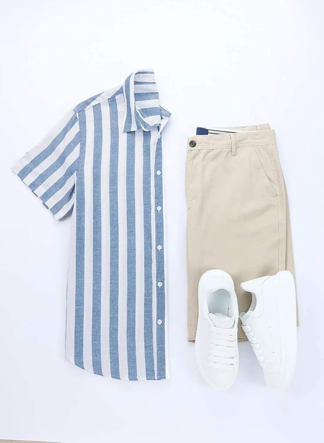 JMIERR Men's Casual Stylish Short Sleeve Button-Up Striped Dress Shirts Cotton Beach Shirt