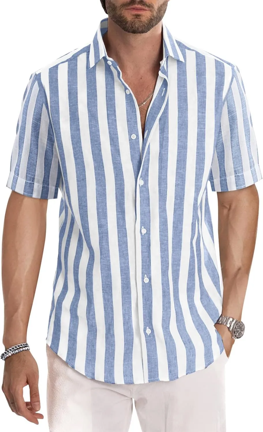 JMIERR Men's Casual Stylish Short Sleeve Button-Up Striped Dress Shirts Cotton Beach Shirt