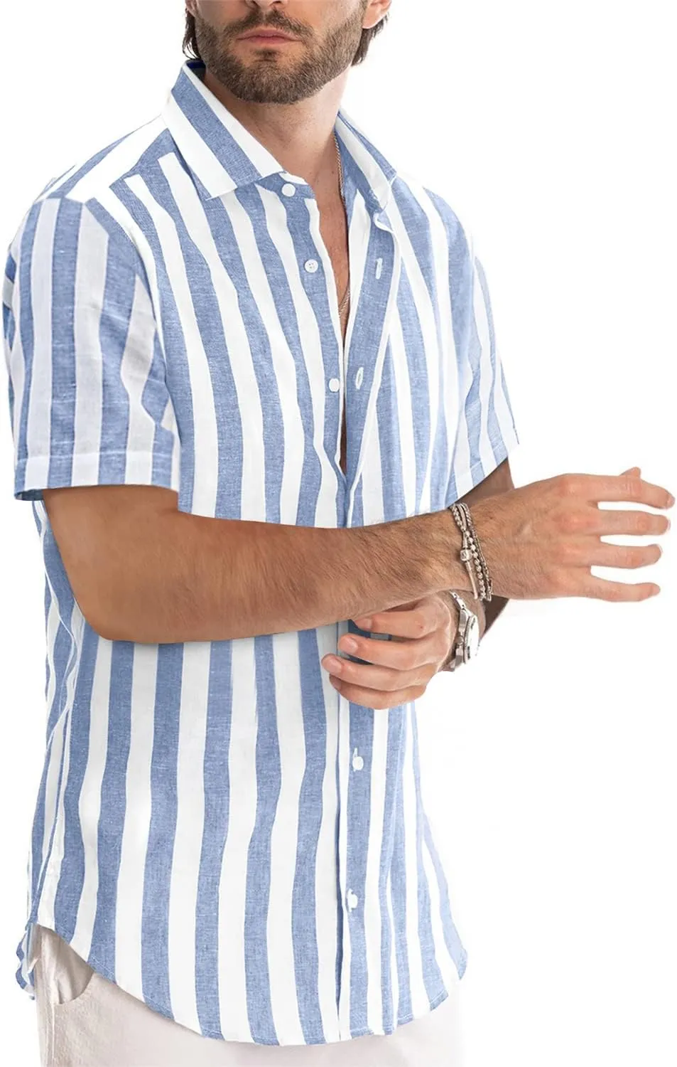JMIERR Men's Casual Stylish Short Sleeve Button-Up Striped Dress Shirts Cotton Beach Shirt