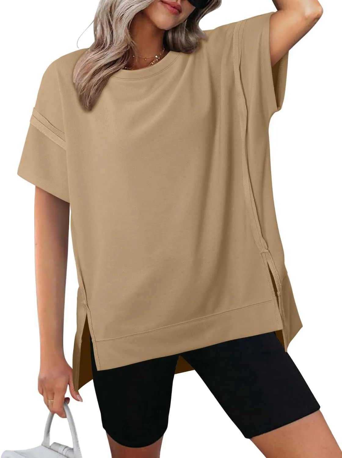 KISSMODA Oversized T Shirts for Women Crew Neck Short Sleeve Casual Summer Tops Loose High Low Blouse