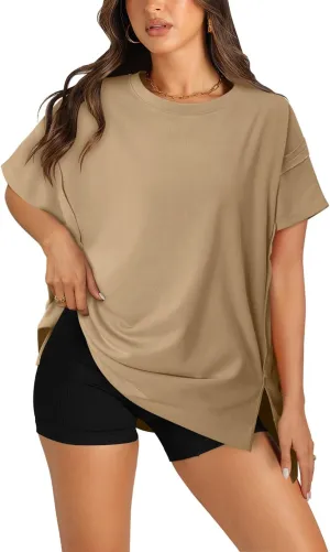 KISSMODA Oversized T Shirts for Women Crew Neck Short Sleeve Casual Summer Tops Loose High Low Blouse