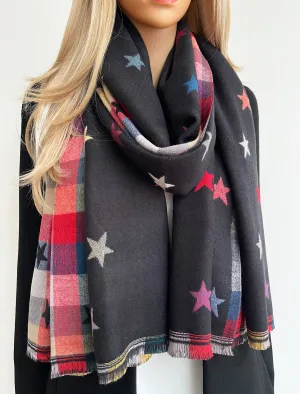LARGE BLACK STAR PRINT REVERSIBLE CHECKED WINTER SHAWL BLANKET SCARF