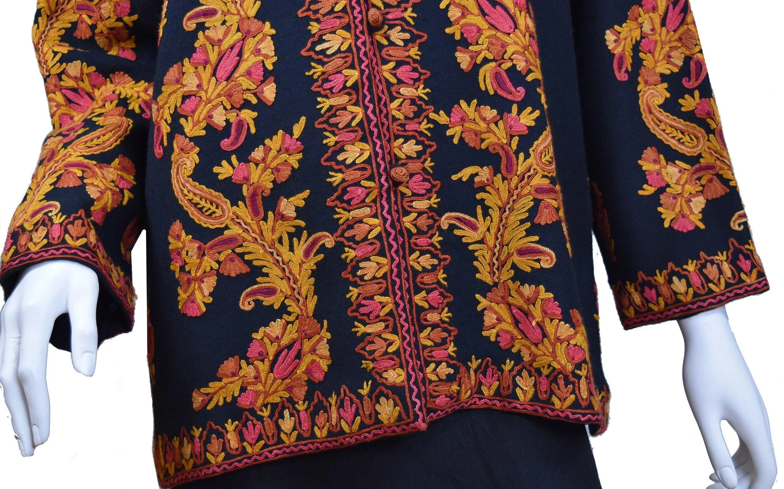 Larisa Black Jacket Dinner Cashmere Evening Dress Coat Paisley Hand Embroidered Kashmir