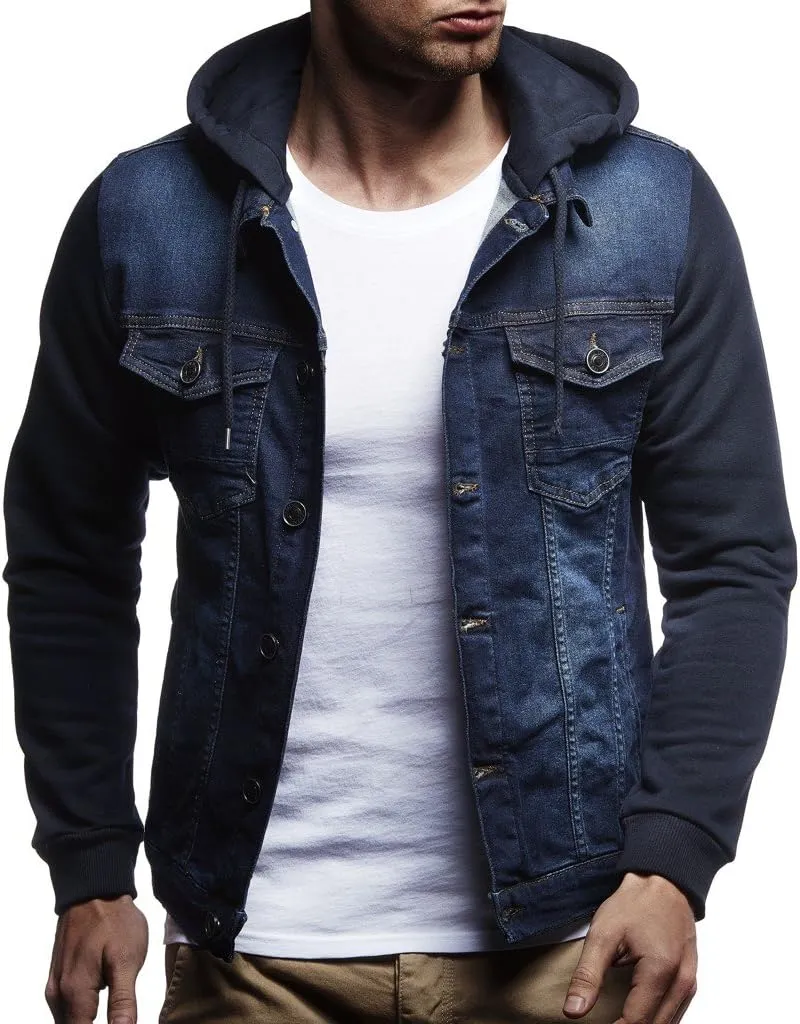 Leif Nelson Men's Sweat Jacket | Vintage Denim Jacket for Men | Slim-Fit Long Sleeve Hooded Denim Jacket
