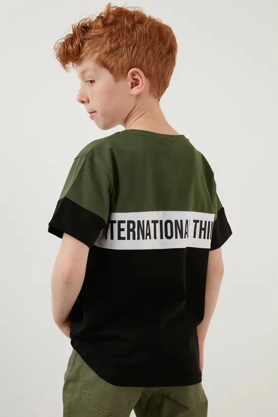 Lela Boy's Khaki Color Block Crew Neck Cotton T-Shirt