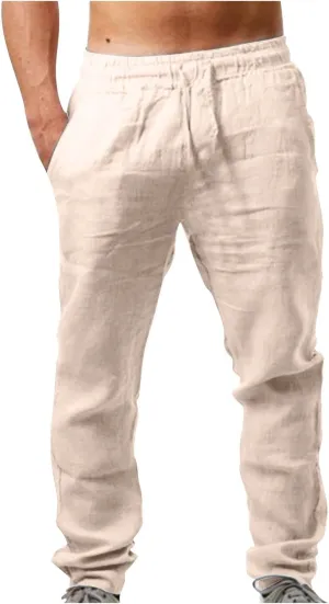 Linen Pants Mens Casual Pants Relaxed-Fit Beach Trousers Summer Yoga Pants Soft Elastic Waist Pants