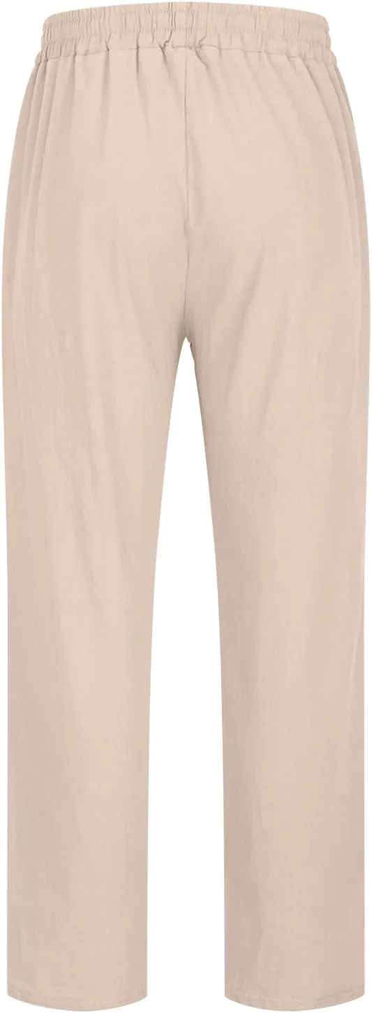 Linen Pants Mens Casual Pants Relaxed-Fit Beach Trousers Summer Yoga Pants Soft Elastic Waist Pants