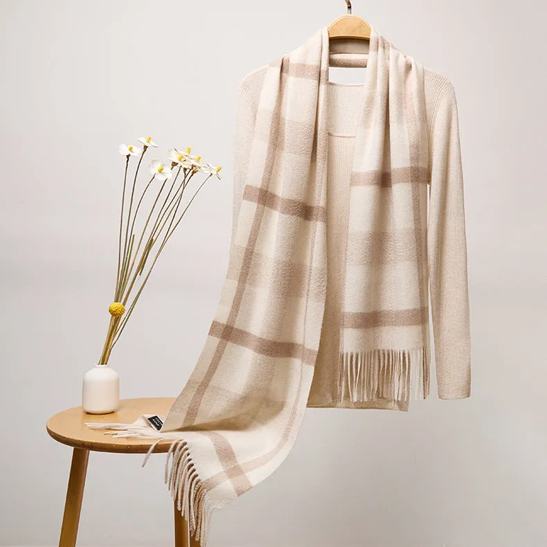 Long Plaid Pure Cashmere Scarf with Tassels