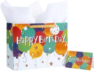 Loveinside Colorful Birthday Gift Bag, Balloons Pattern with HAPPY BIRTHDAY Text, Matching Tissue Paper, Greeting Card and Tag, Ideal for Kids' Birthday Gifts, 13" x 5" x 10", 1 Pcs