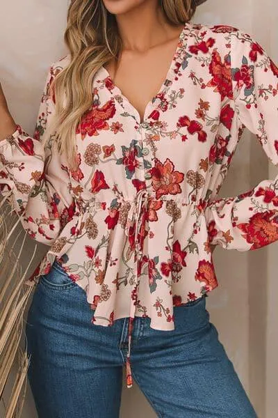 Lucy Floral V-Neck Drawstring Peplum Blouse