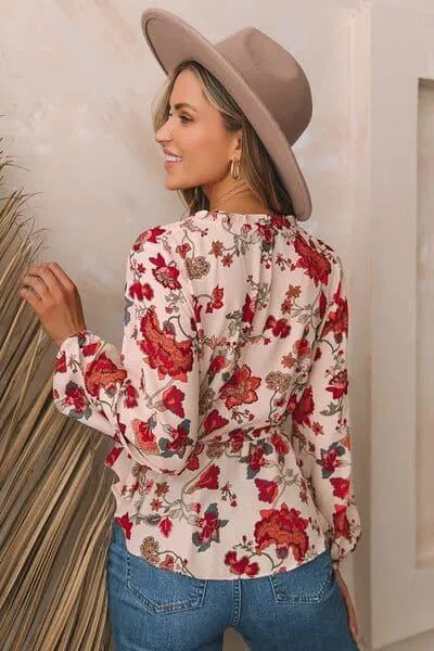 Lucy Floral V-Neck Drawstring Peplum Blouse