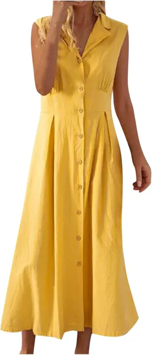 Maxi Dresses for Women 2025 Summer Elegant Linen Dress Sleeveless Button V Neck Collar Casual Beach Long Dresses