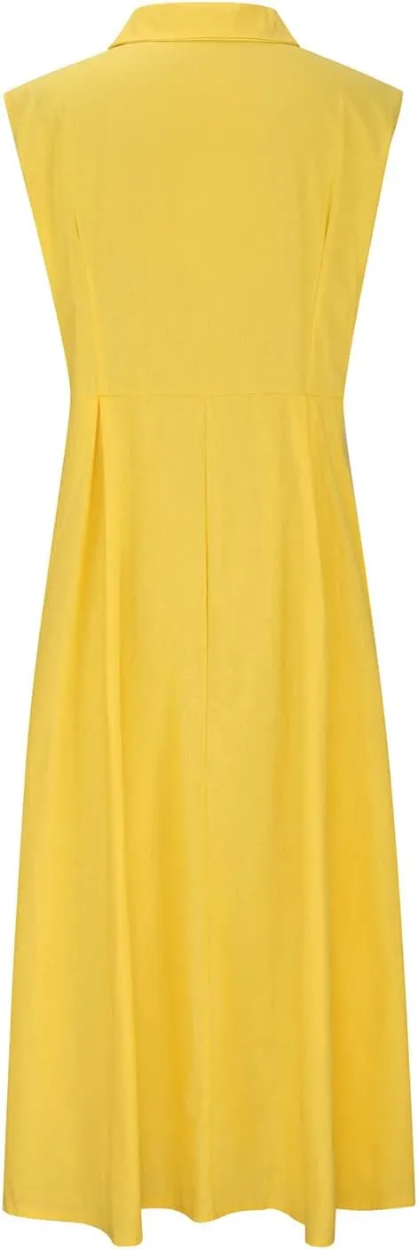 Maxi Dresses for Women 2025 Summer Elegant Linen Dress Sleeveless Button V Neck Collar Casual Beach Long Dresses