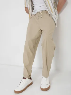 Men Cotton Beige Relaxed Fit Trousers